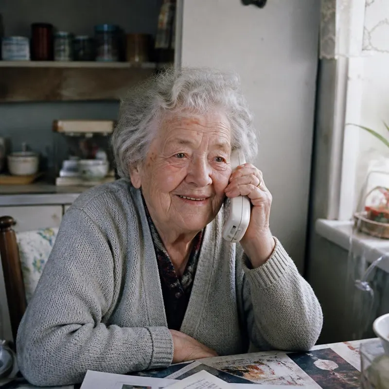 An older woman smiling while talking on her kitchen telephone