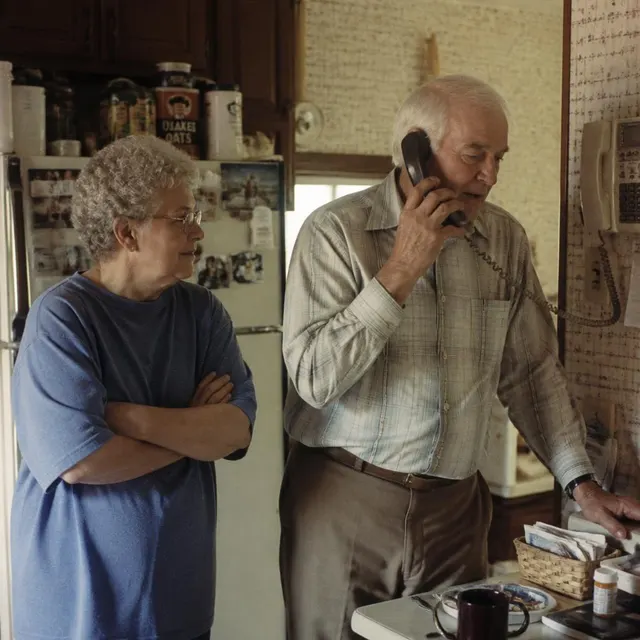 An older couple in their kitchen, one of them on the phone